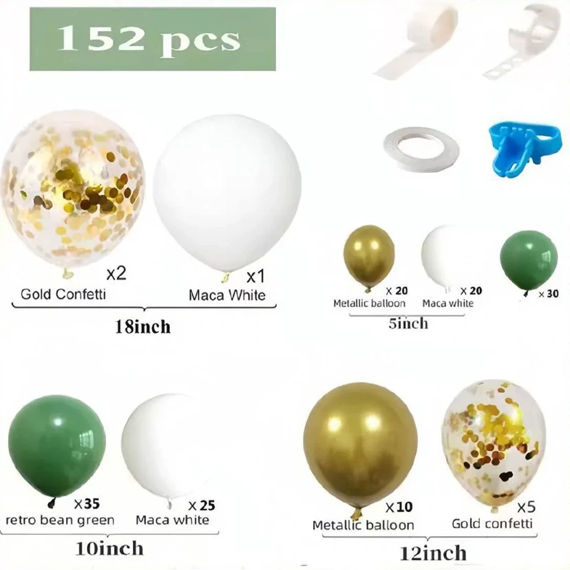 Párty balóniky, balóniková girlanda zeleno zlaté 152ks