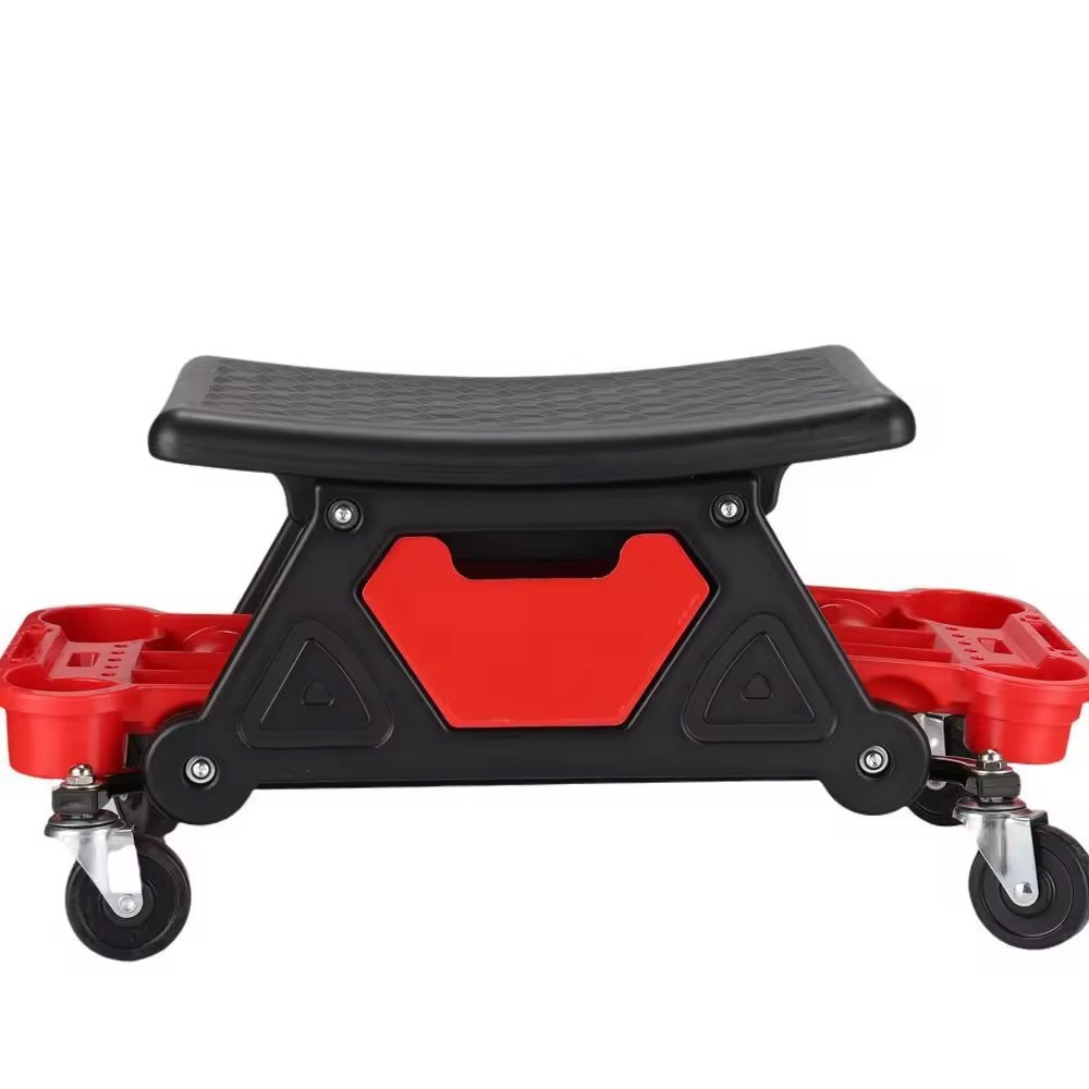 Pojazdná montážna stolička s úložnými priehradkami – čierno-červená