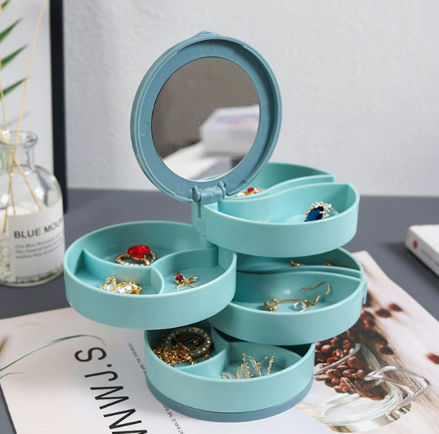 Štvorposchodová otočná šperkovnica so zrkadlom, modro zelená