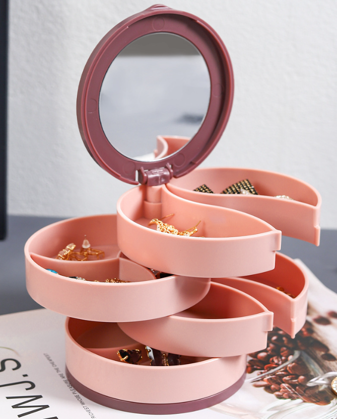 Štvorposchodová otočná šperkovnica so zrkadlom, ružová