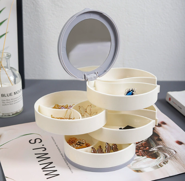 Štvorposchodová otočná šperkovnica so zrkadlom, biela