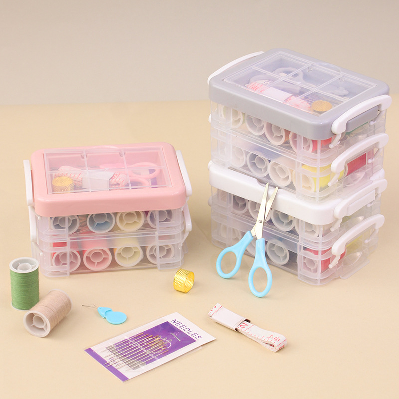 Šijací set v plastovom boxe 3 poschodový ružový