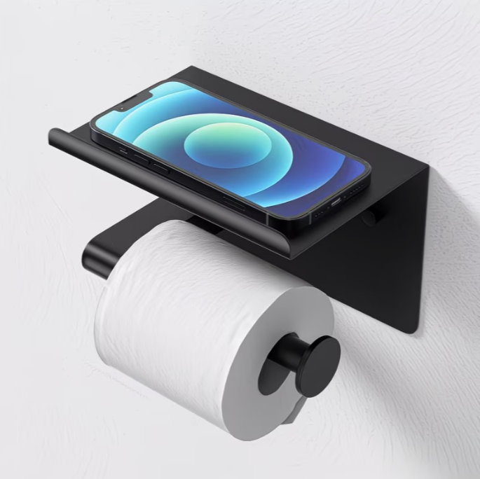 Nalepovací držiak toaletného papiera s poličkou - čierny