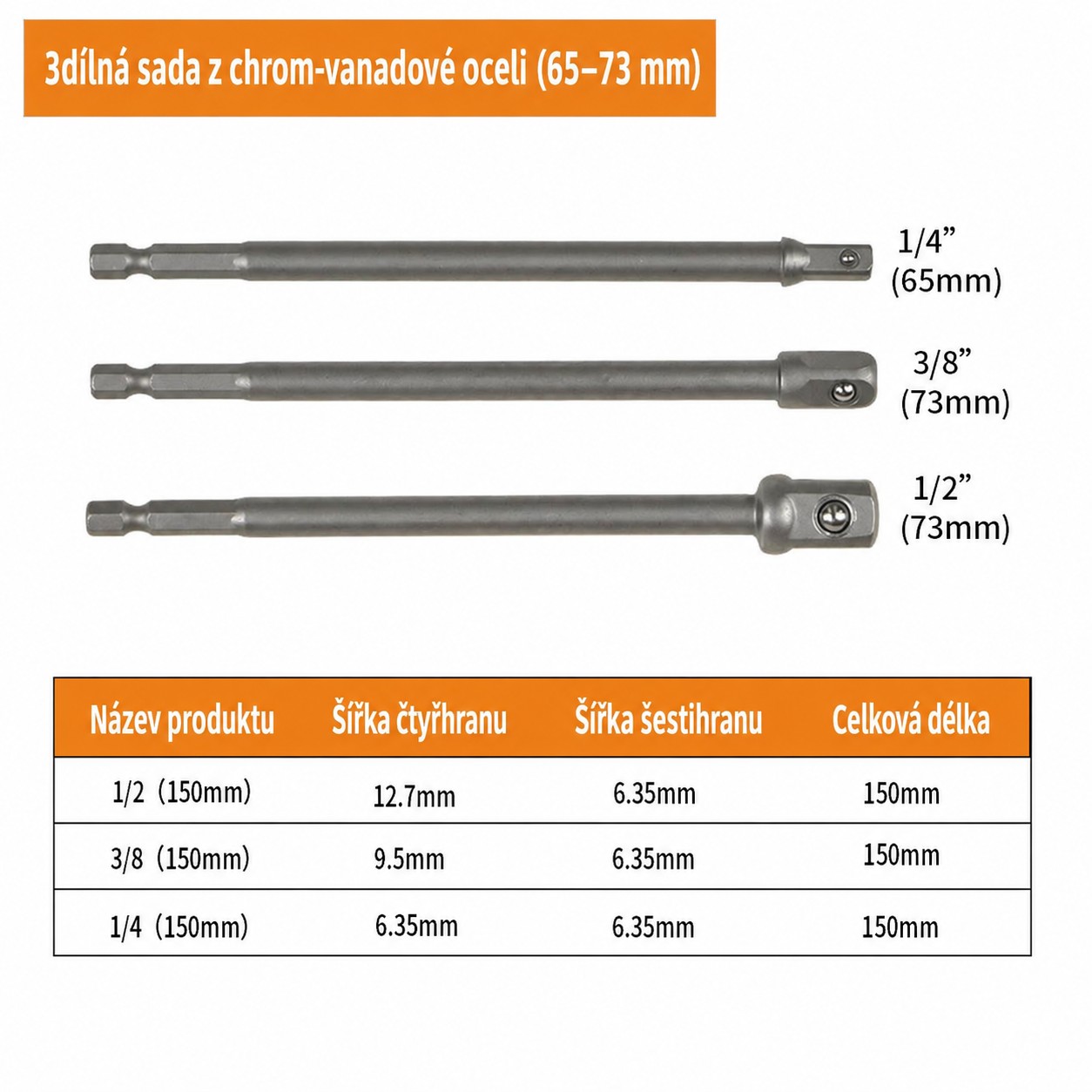 3dielna sada predĺžených adaptérov do vŕtačky – 1/4", 3/8", 1/2"