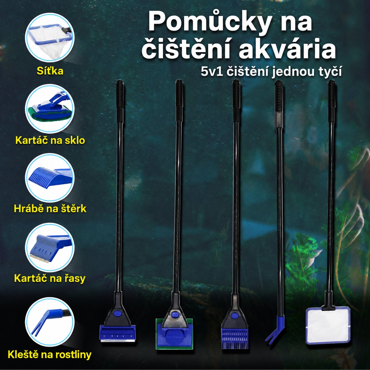 Čistiaca sada do akvária 5 v 1 s vymeniteľnými nástavcami