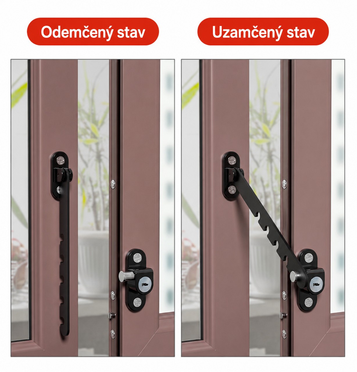 Nastaviteľná bezpečnostná poistka na okno a balkónové dvere – 5 polôh, plastová