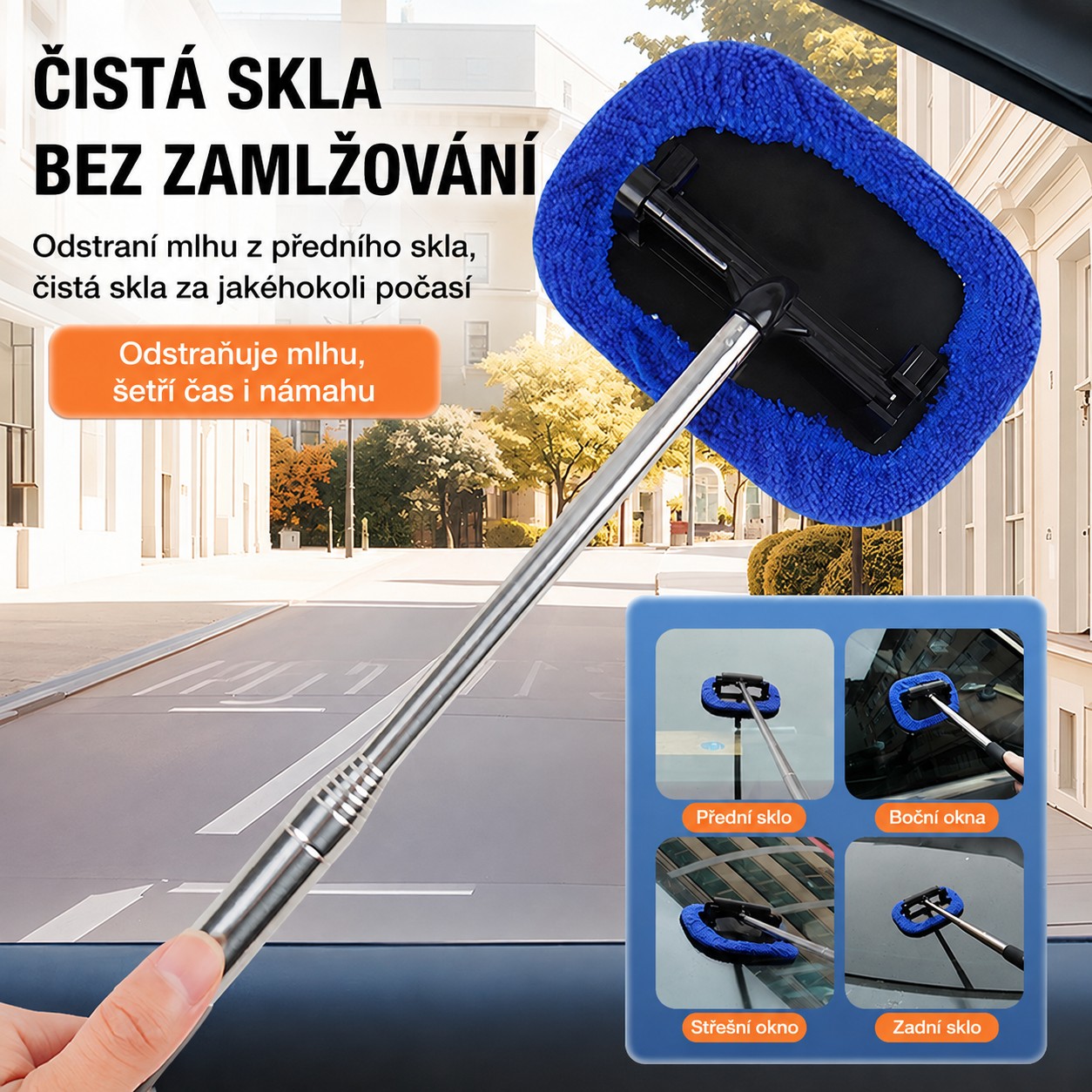 Teleskopická stierka na sklá 2 v 1 - gumová stierka + mikrovláknový návlek, 3 náhradné návleky