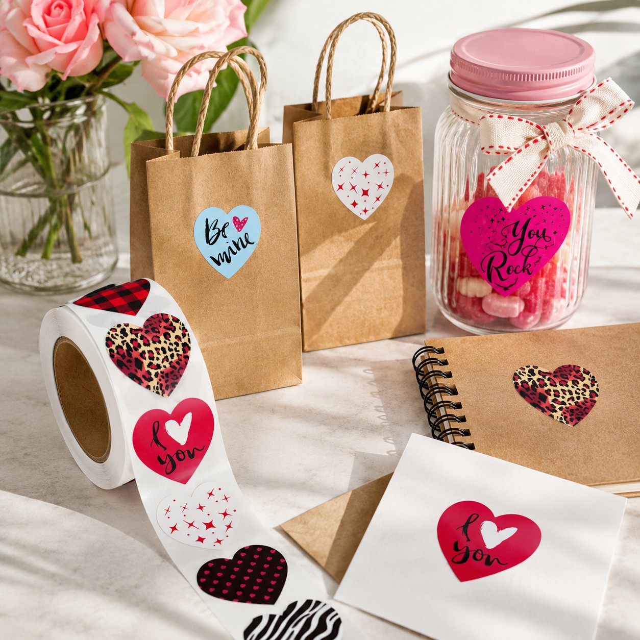 Samolepky LOVE, farebné srdcia, 500 ks