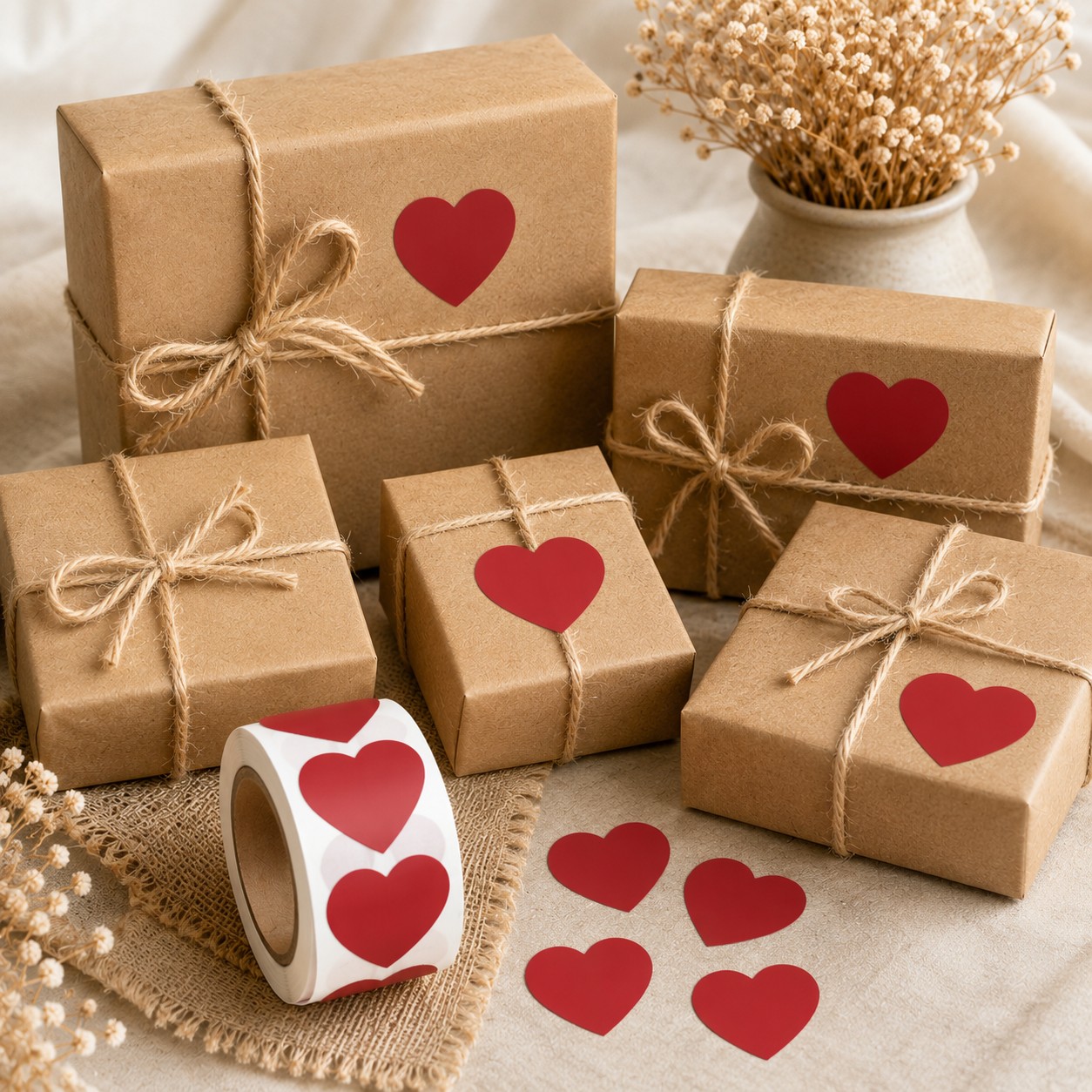 Samolepky LOVE, červené srdce, 500 ks