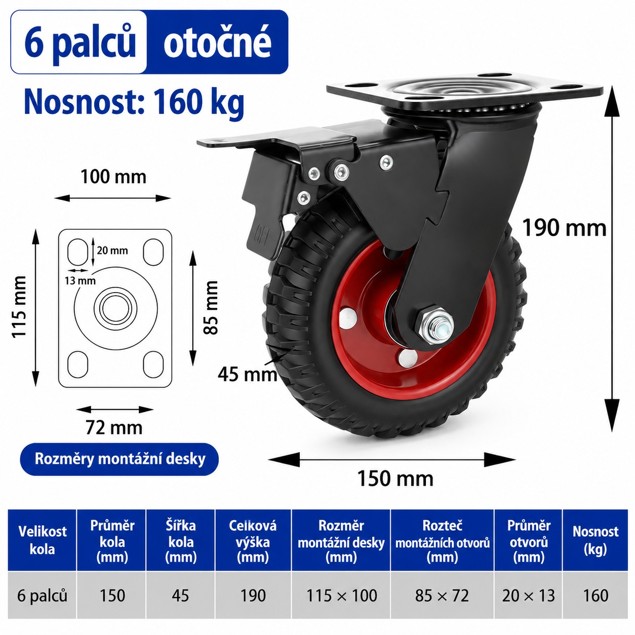 Otočné transportné koliesko s brzdou 150 mm - nosnosť 160 kg