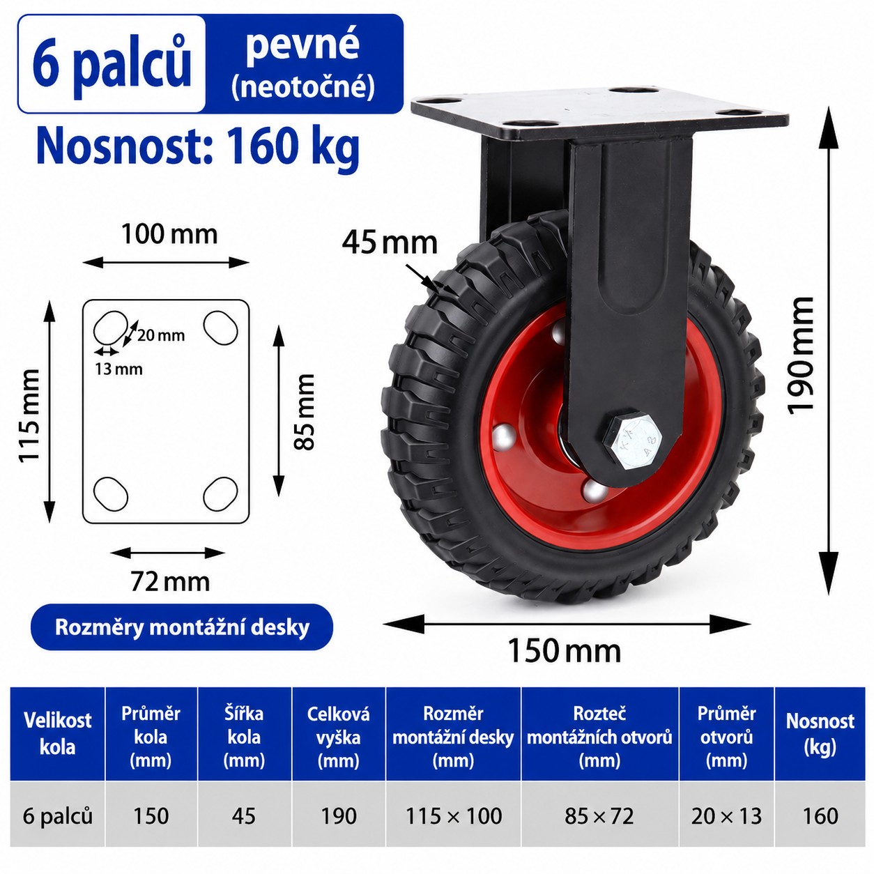 Pevné transportné koliesko 150 mm - nosnosť 160 kg, montážna doska