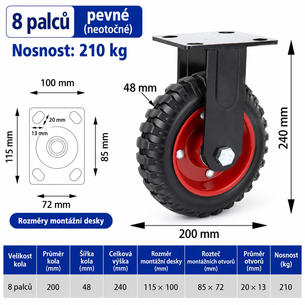 Pevné transportné koliesko 200 mm - nosnosť 210 kg, montážna doska