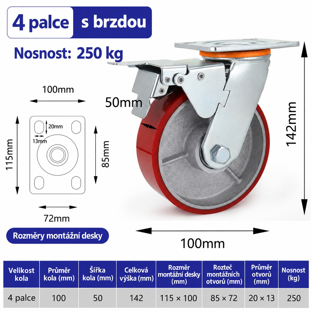 Otočné transportné koliesko s brzdou 4" / 100 mm - nosnosť 250 kg