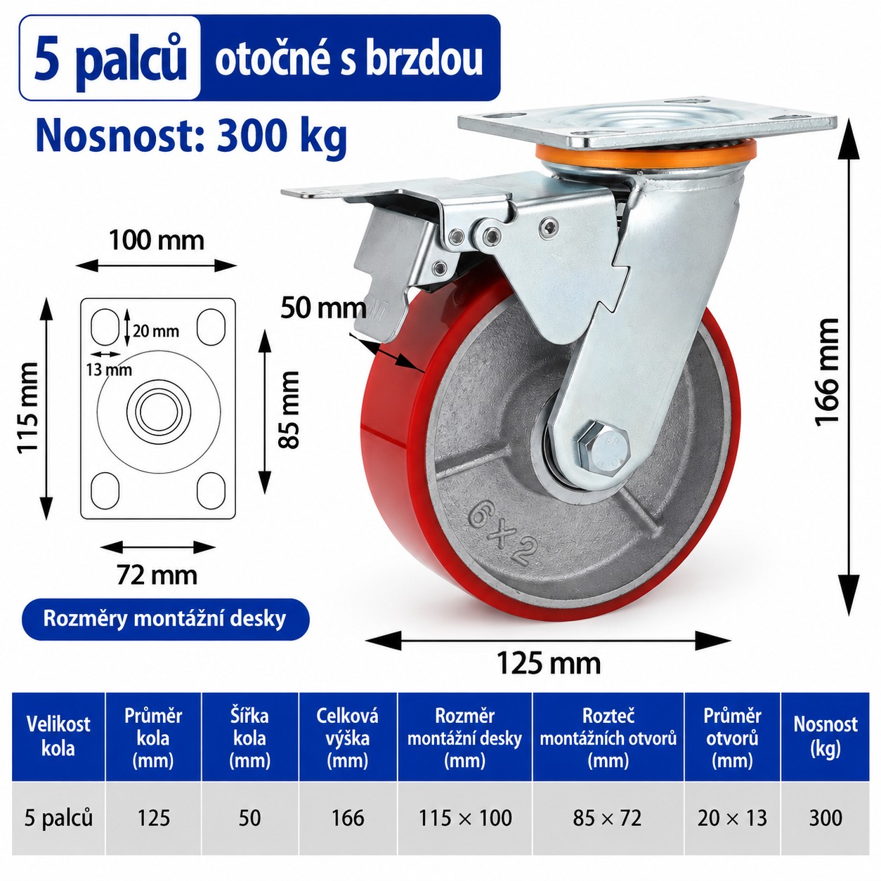 Otočné transportné koliesko s brzdou 5" / 125 mm - nosnosť 300 kg