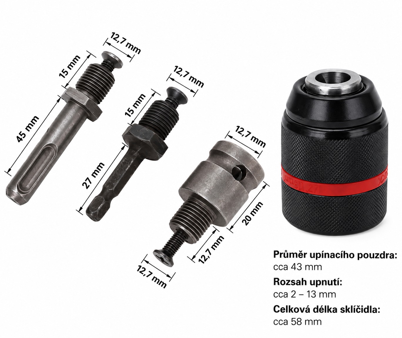 Bezkľúčové skľučovadlo, hlavička vŕtačky 13 mm 1/2" 20 UNF + sada adaptérov