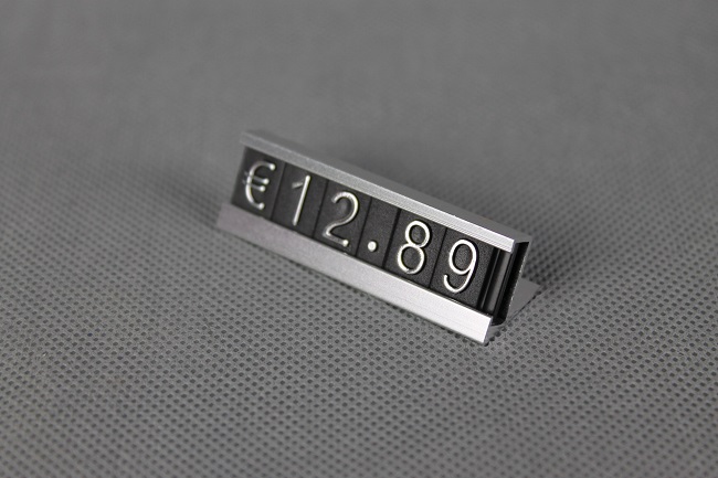 Plastové cenovky hliník strieborné sada EUR