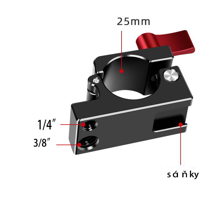 Svěrka Rig tyče 25mm, se závity 3/8" a 1/4"