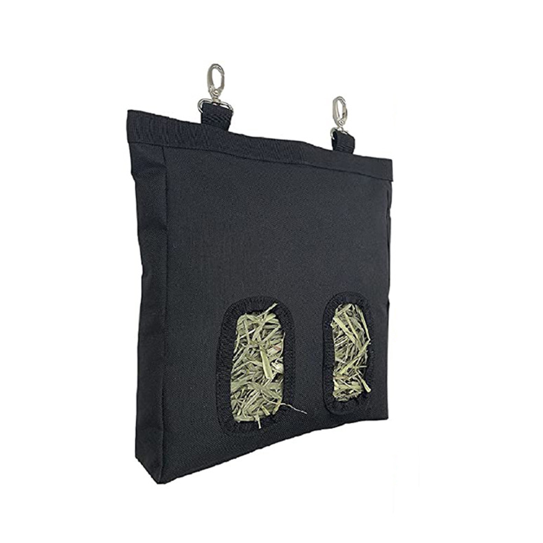 Závesné kŕmne vrece na seno pre domácich miláčikov (2 otvory, čierne, 25 × 3 × 28 cm)