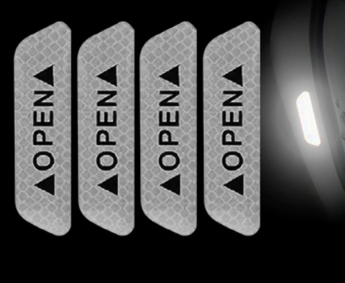Reflexné samolepky na dvere auta – „OPEN“ (4 ks) strieborné