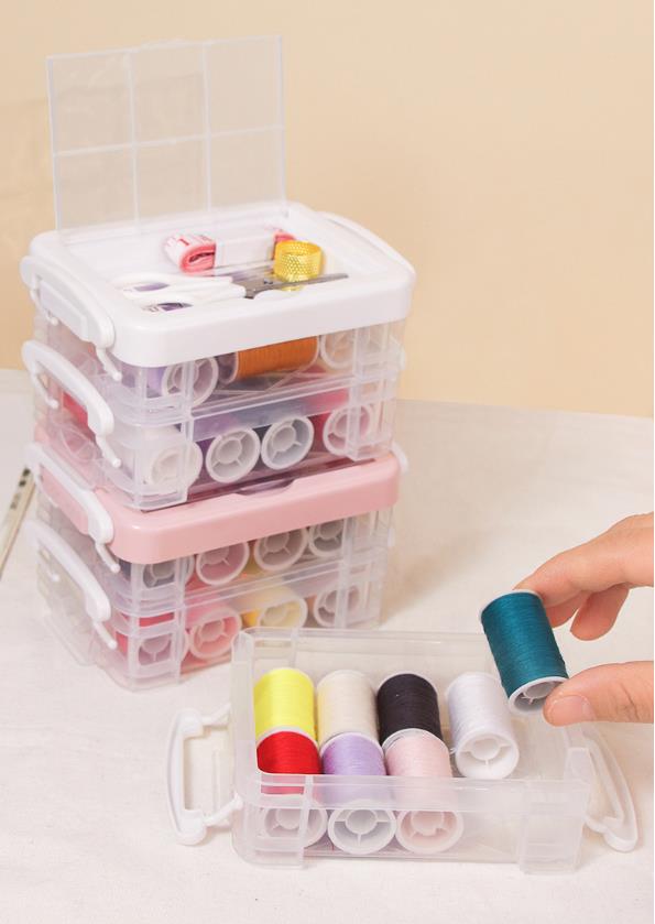 Šijací set v plastovom boxe 3 poschodový sivý