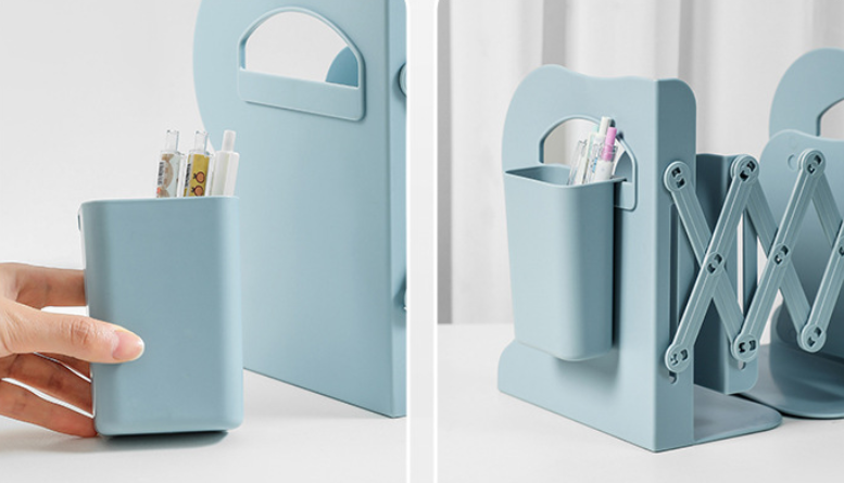 Organizér, stojan na knihy s držiakom na ceruzky – zelenomodrý