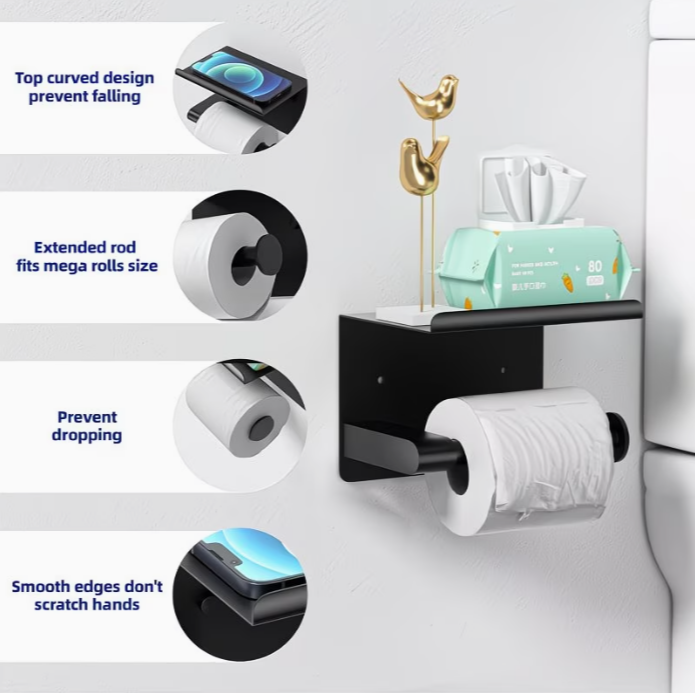 Nalepovací držiak toaletného papiera s poličkou - čierny