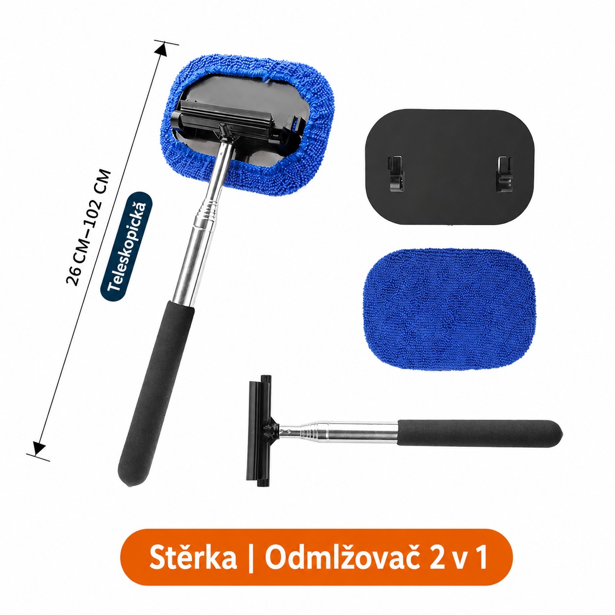 Teleskopická stierka na sklá 2 v 1 - gumová stierka + mikrovláknový návlek, 3 náhradné návleky