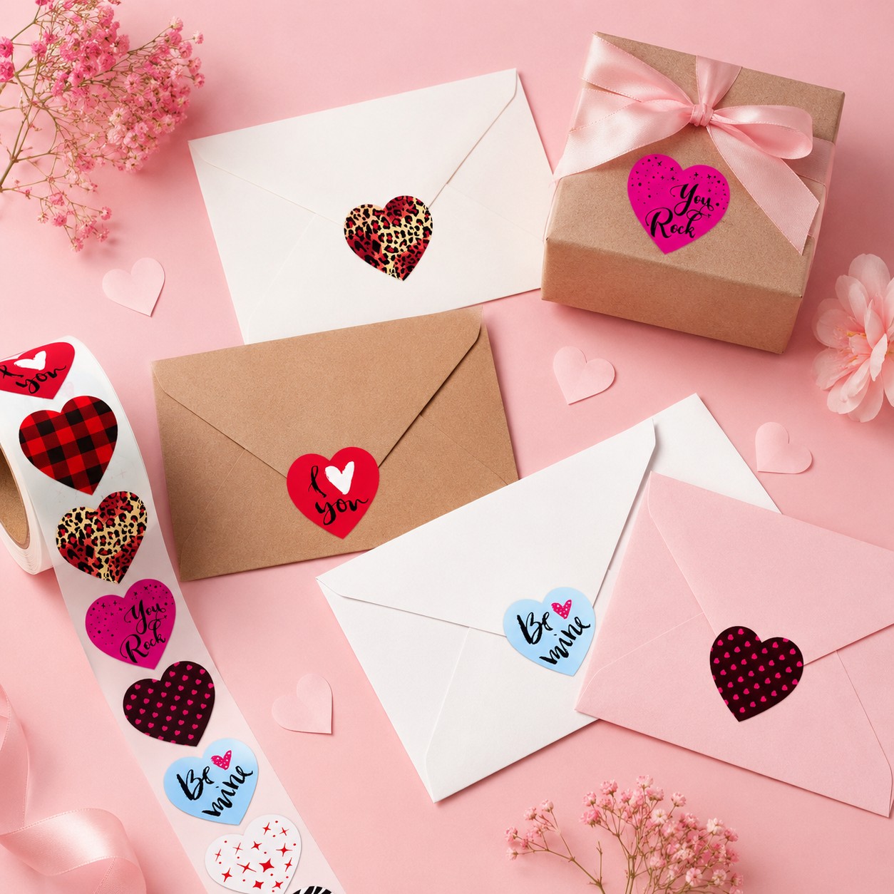 Samolepky LOVE, farebné srdcia, 500 ks