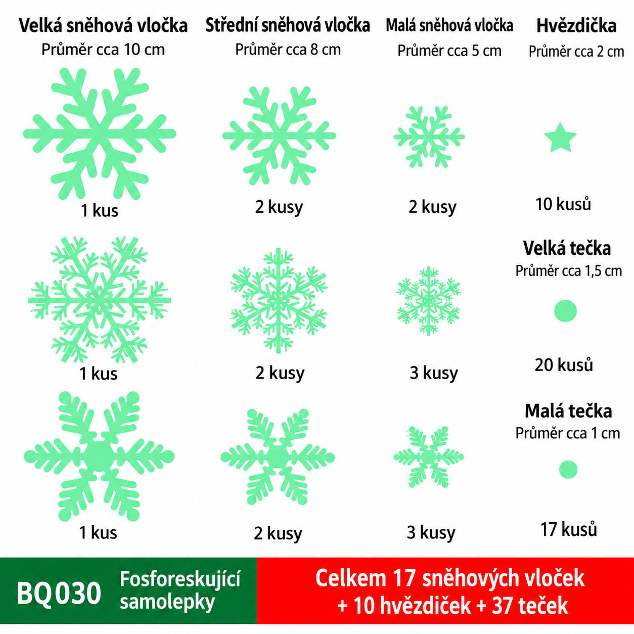 Fosforeskujúce statické samolepky - snehové vločky, hviezdičky a bodky, 64 ks