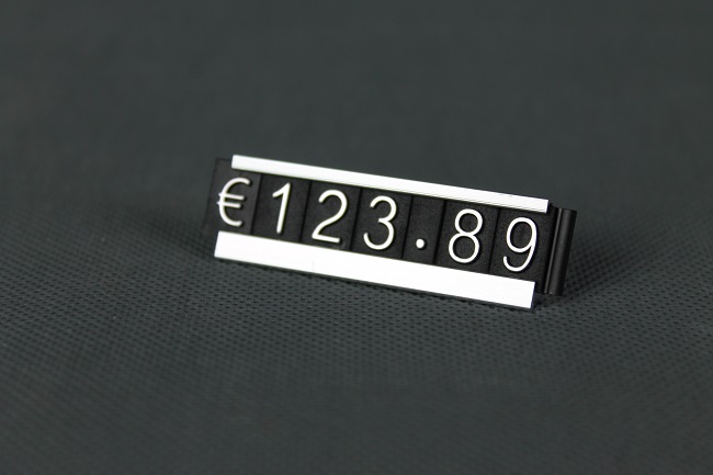 Plastové cenovky hliník strieborné sada EUR