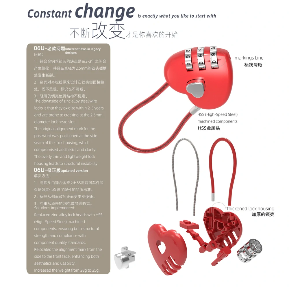 Lankový numerický zámok srdca čiervoný 30cm