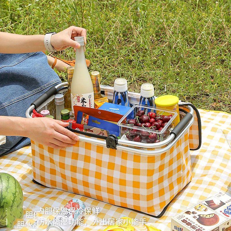 Nákupný, piknikový termo košík, oranžový kockovaný