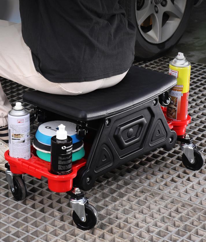 Pojazdná montážna stolička s úložnými priehradkami – čierno-červená