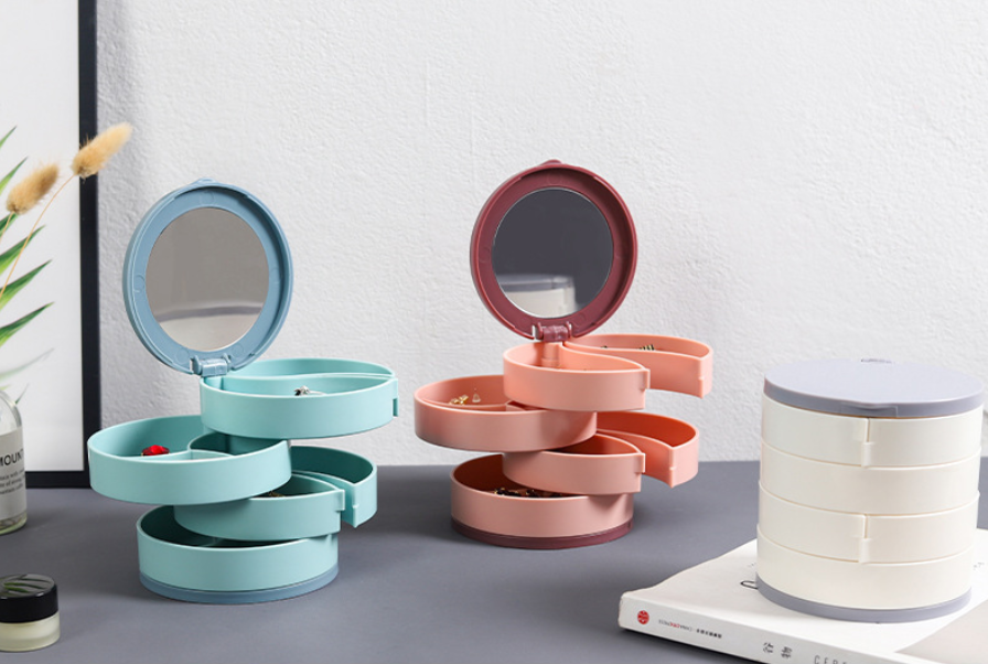 Štvorposchodová otočná šperkovnica so zrkadlom, modro zelená