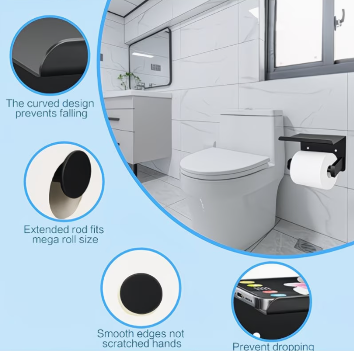 Nalepovací držiak toaletného papiera s poličkou - čierny