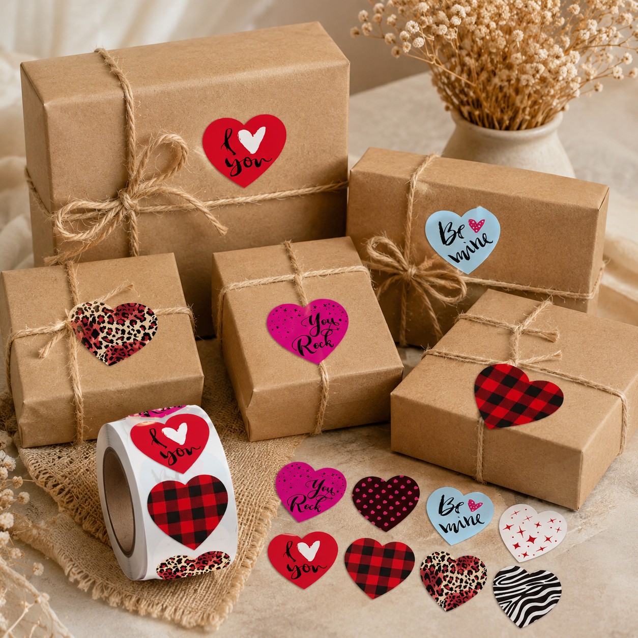 Samolepky LOVE, farebné srdcia, 500 ks