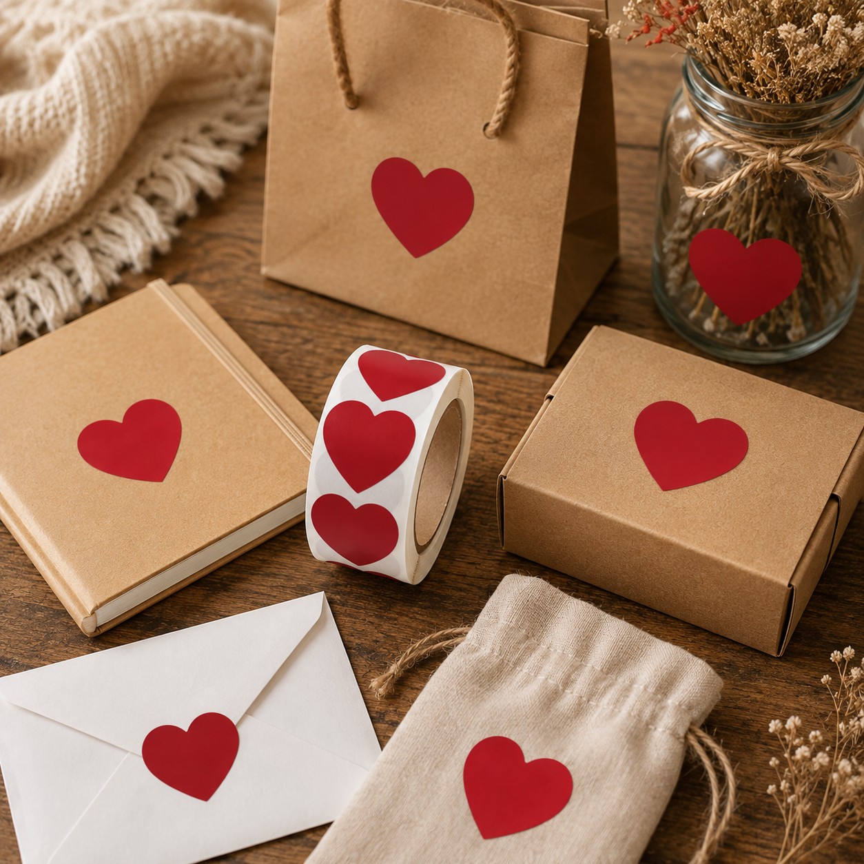 Samolepky LOVE, červené srdce, 500 ks