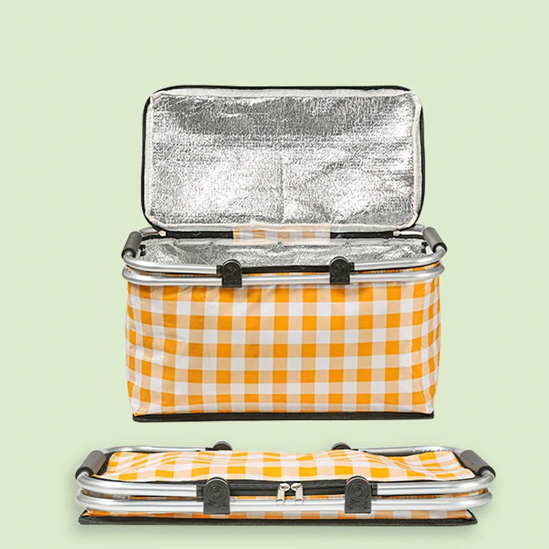 Nákupný, piknikový termo košík, oranžový kockovaný