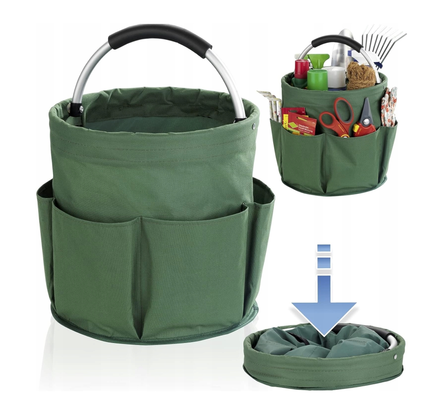 Záhradný organizér na náradie s madlom – skladací kôš s vreckami