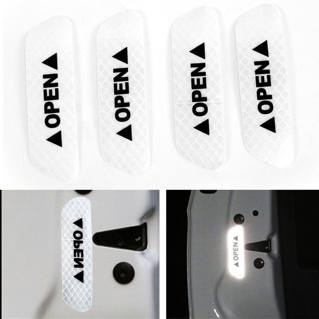 Reflexné samolepky na dvere auta – „OPEN“ (4 ks) strieborné