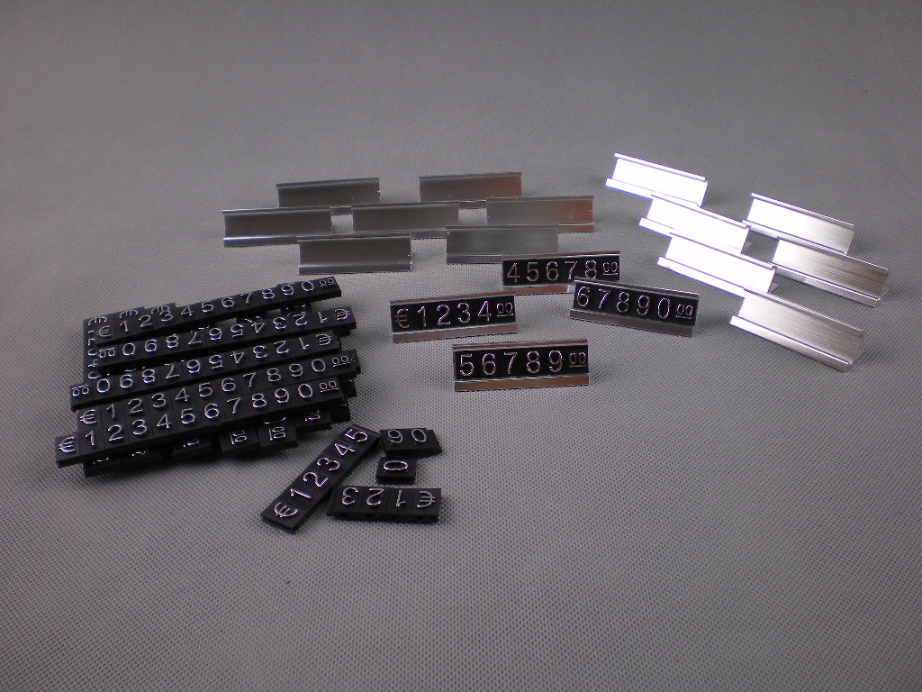 Plastové cenovky hliník strieborné sada EUR