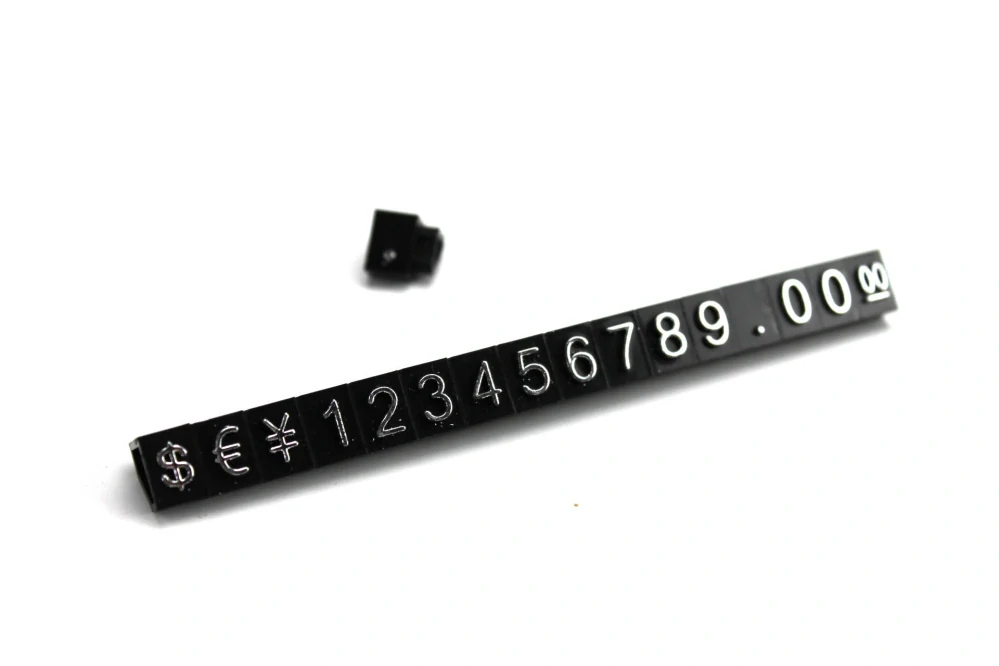 Plastové cenovky strieborný prelis 6x9mm 20x rada €,$,¥