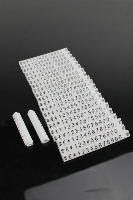 Plastové cenovky čierne, biele 6x9mm 20x rada €,$,¥