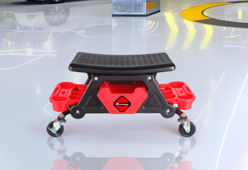 Pojazdná montážna stolička s úložnými priehradkami – čierno-červená