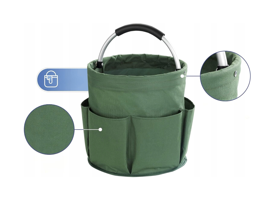 Záhradný organizér na náradie s madlom – skladací kôš s vreckami