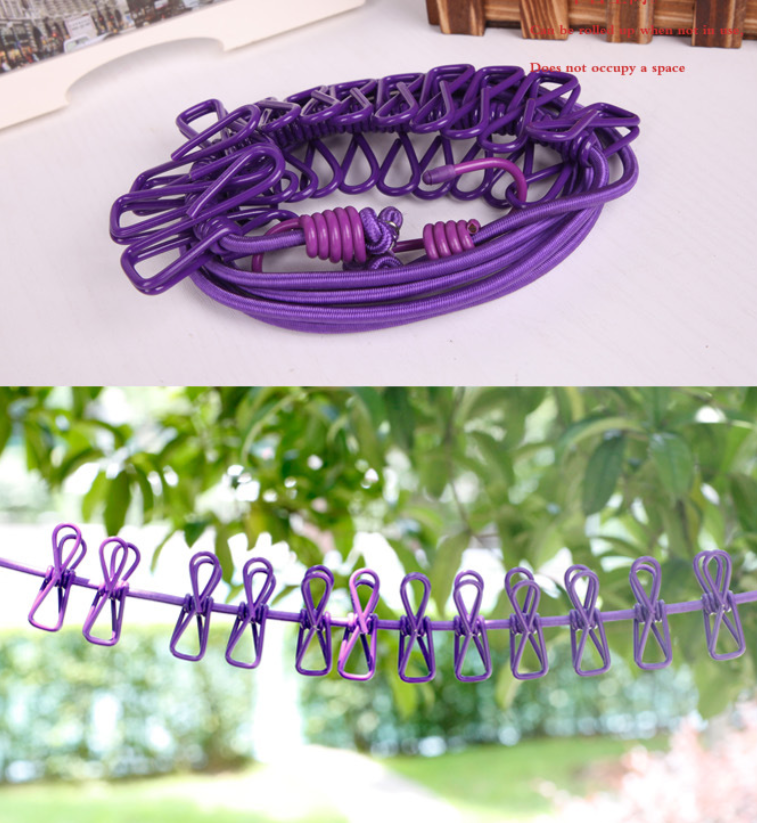 Cestovná šnúra na bielizeň s štipcami – fialová (nastaviteľná)