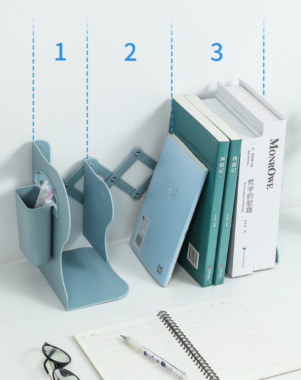 Organizér, stojan na knihy s držiakom na ceruzky – zelenomodrý