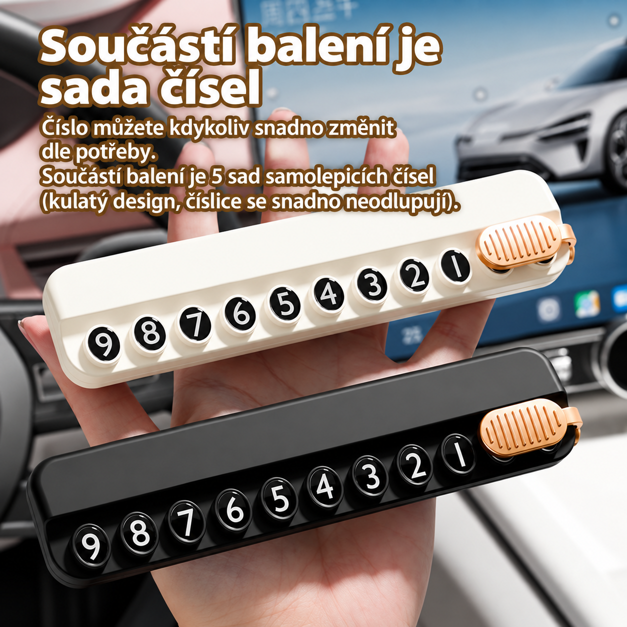 Parkovací displej s telefónnym číslom do auta – biely, otočný kryt, sada číslic