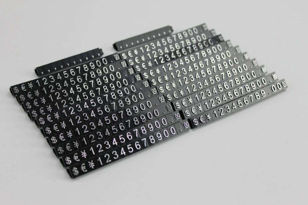 Plastové cenovky strieborný prelis 6x9mm 20x rada €,$,¥