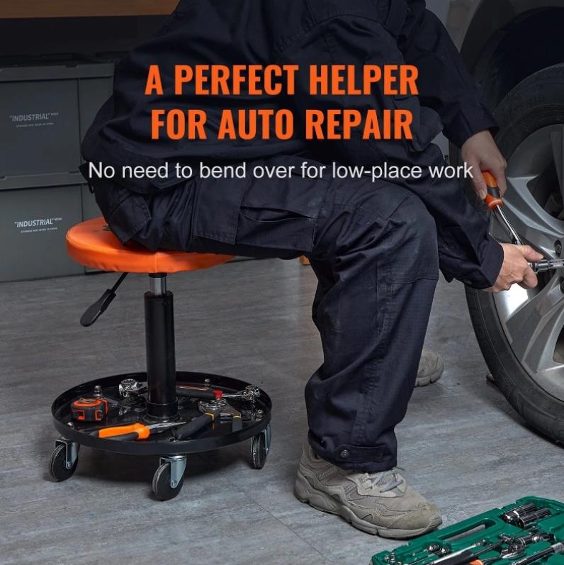 Pojazdná montážna stolička s nastaviteľnou výškou a úložným priestorom